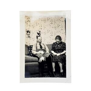 Vtg Husband & Wife Sewing Together Original Monochrome Photography Found